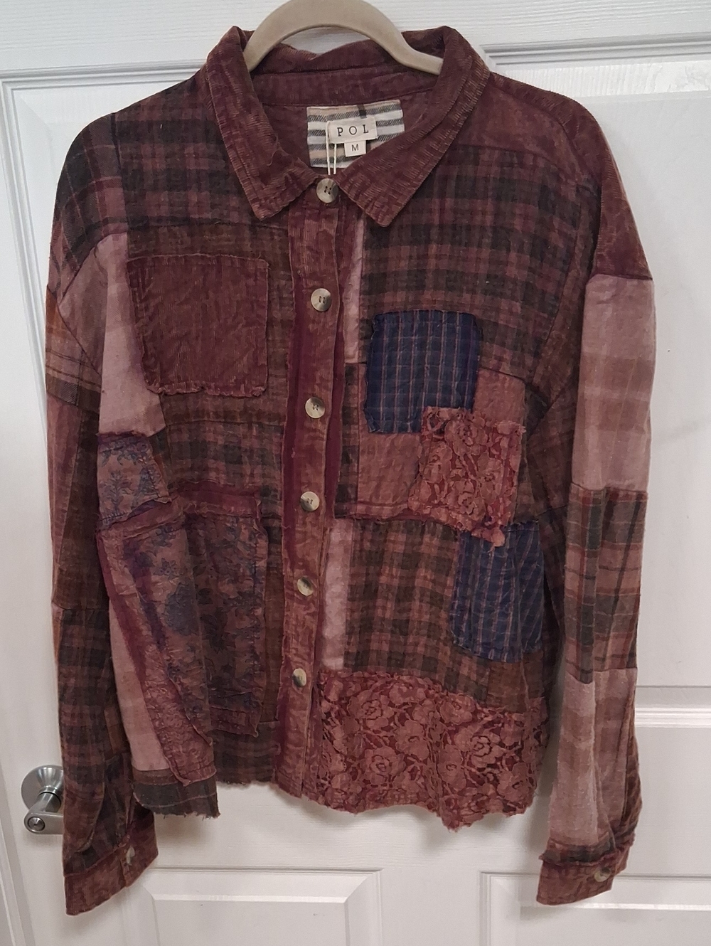 POL Mixed Patchwork Plaid Jean Jacket in Burgundy and Navy